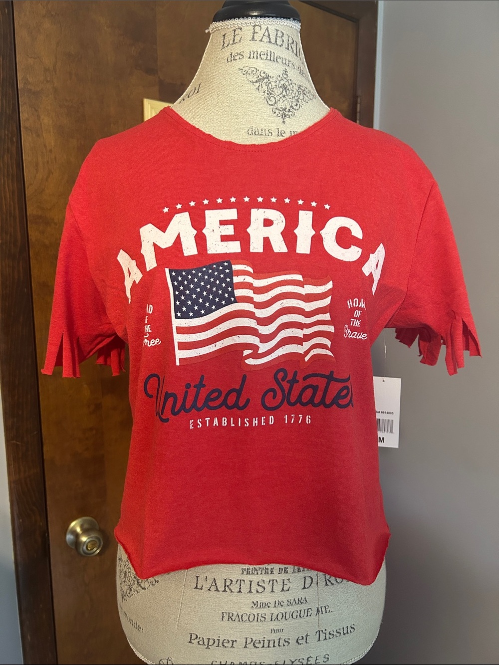 Upcycled Distressed Cropped Patriotic America Flag Tee